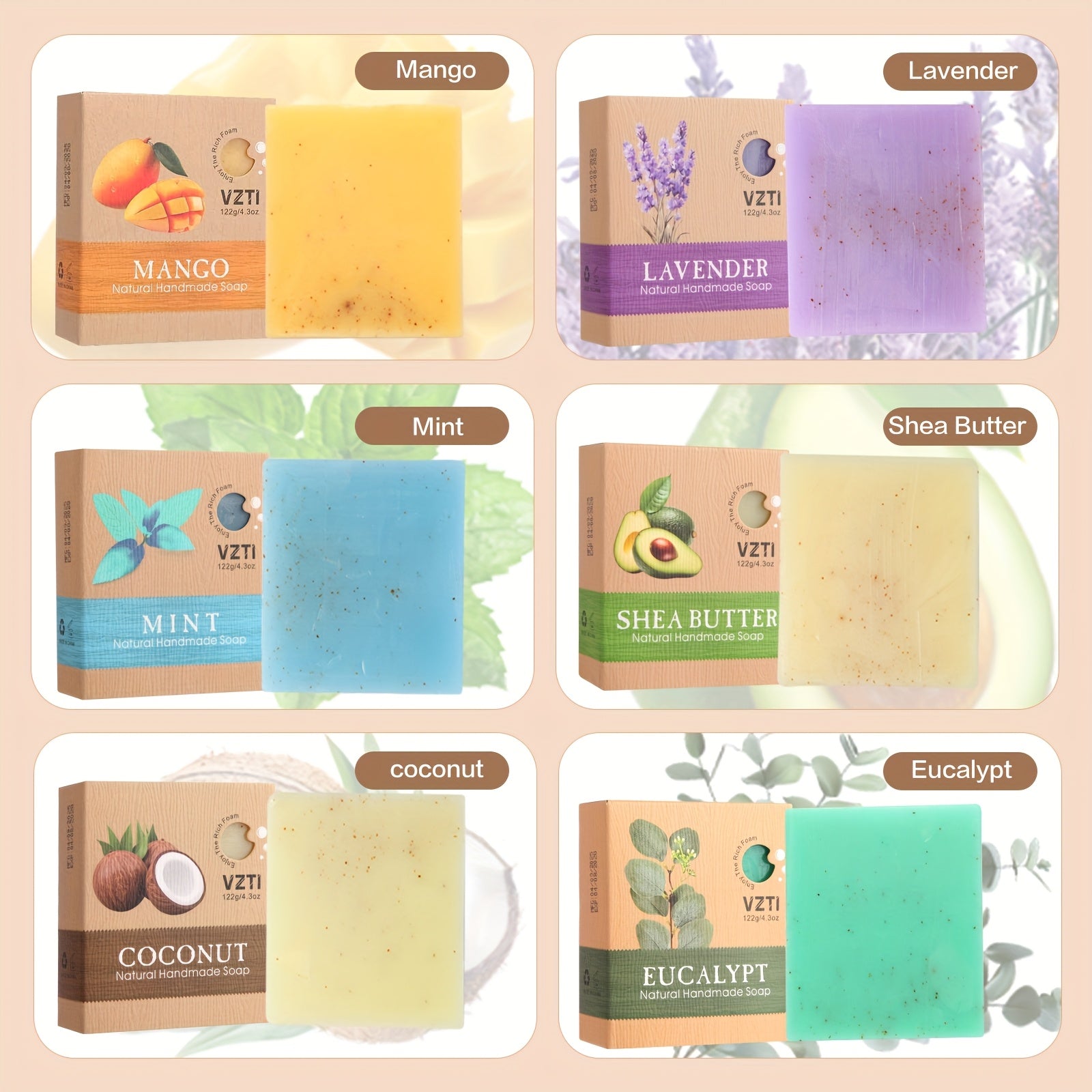 3pcs\u002F6pcs Exfoliating Handmade Soap - 122g Natural Bar Soap With Eucalyptus, Peppermint, Lavender, Mango, Coconut & Shea Butter Essential Oils for Deep Cleansing, Moisturizing Self-Care, Easter Gift Set, Travel Essential-Local Warehouse